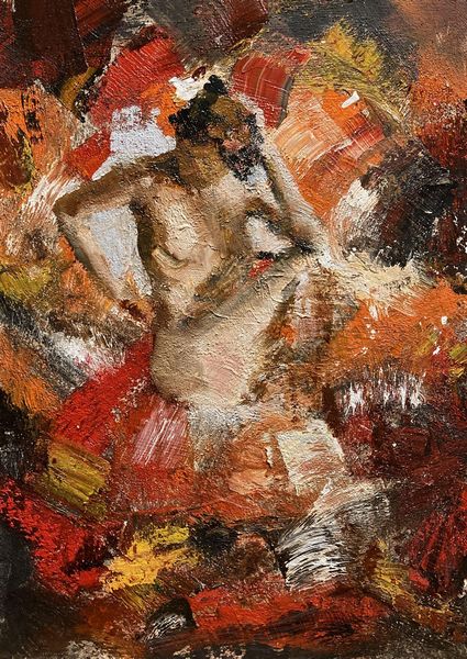 油彩画 厚塗り油絵画 「赤い下着の横たわる裸婦」 α